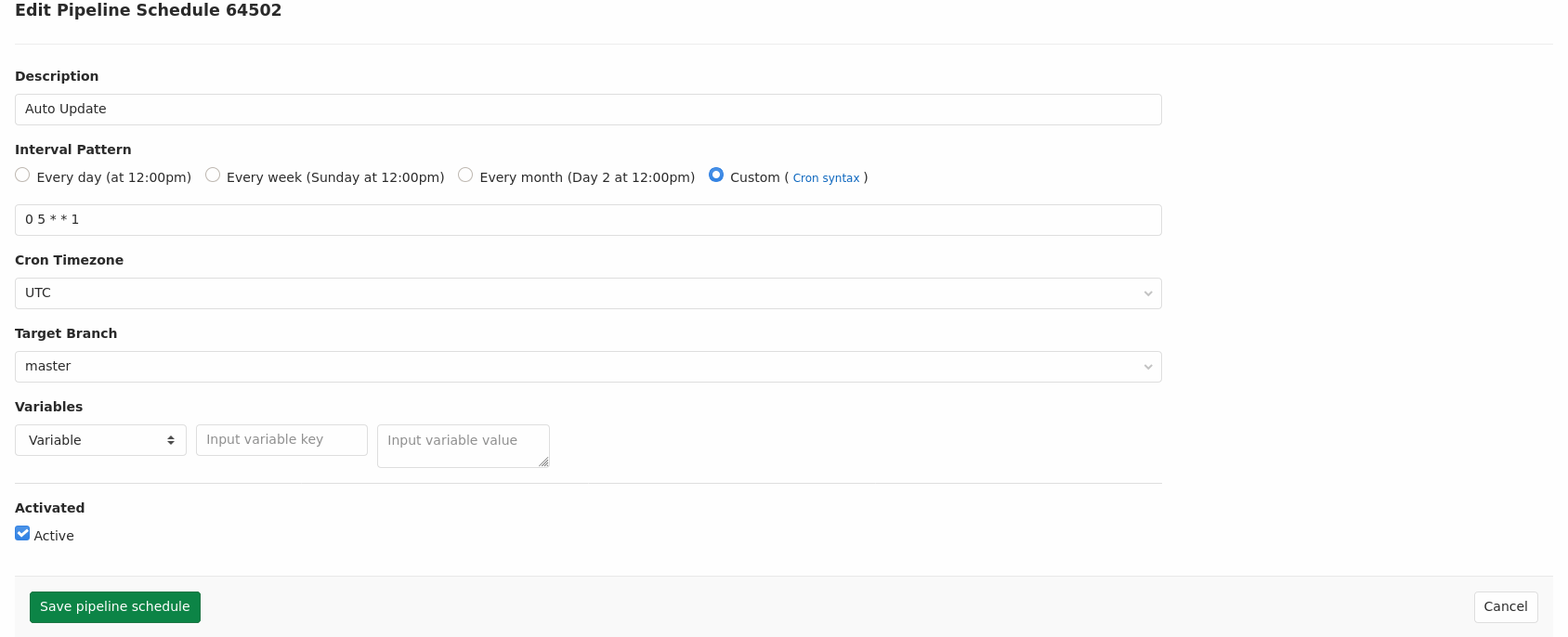 Pipeline schedule form